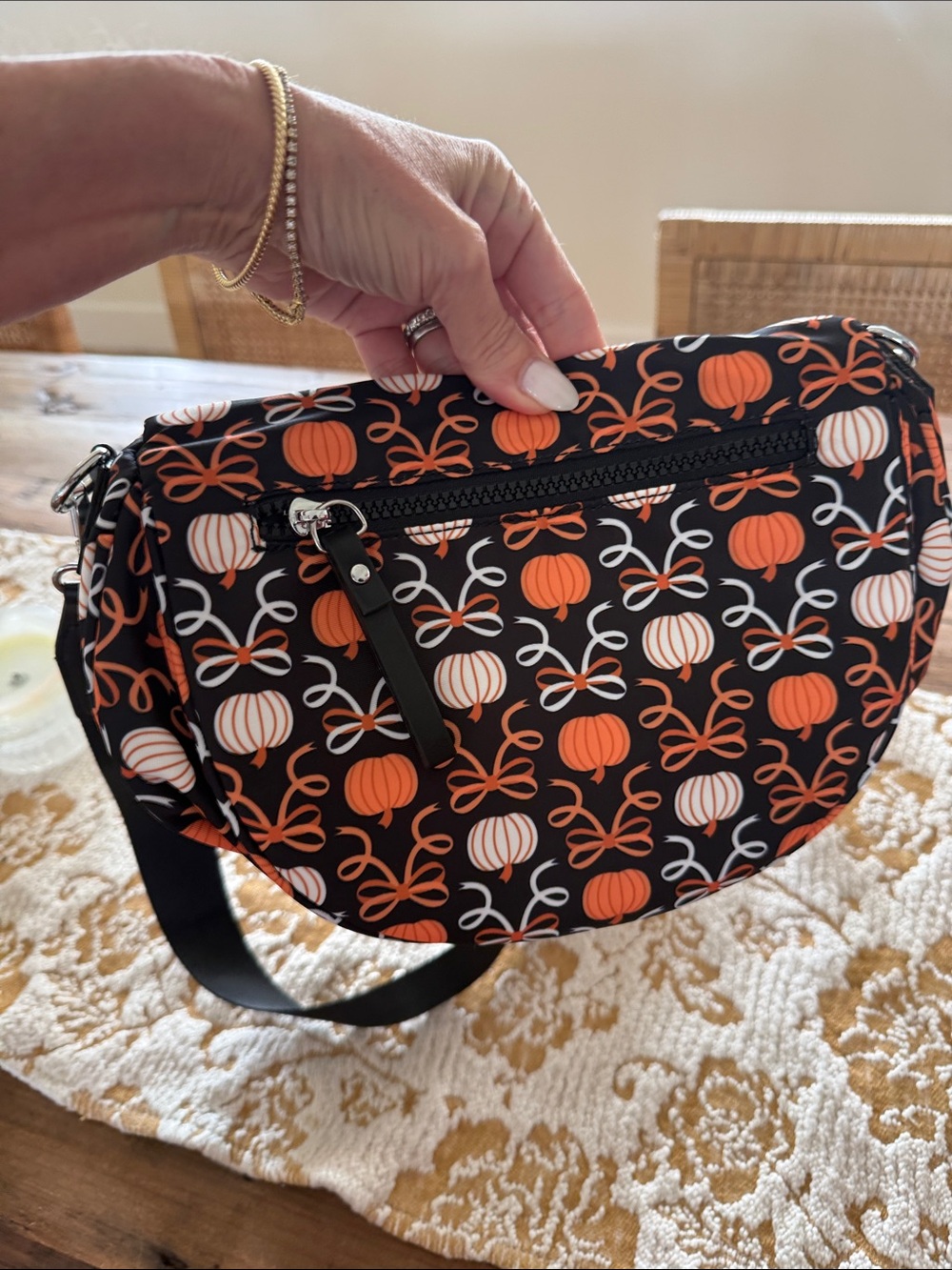 Black Pumpkin-Print Crossbody Bag with Adjustable Strap - Picture 4 of 4